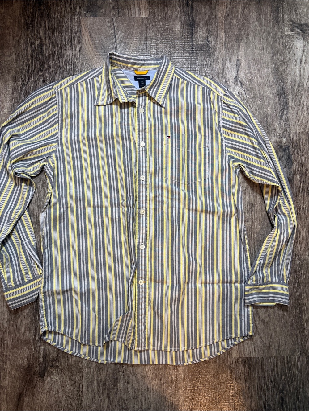 Tommy Hilfiger Vintage 90’s Yellow & Gray Stripe Men's Button-Up Shirt Y2K Retro